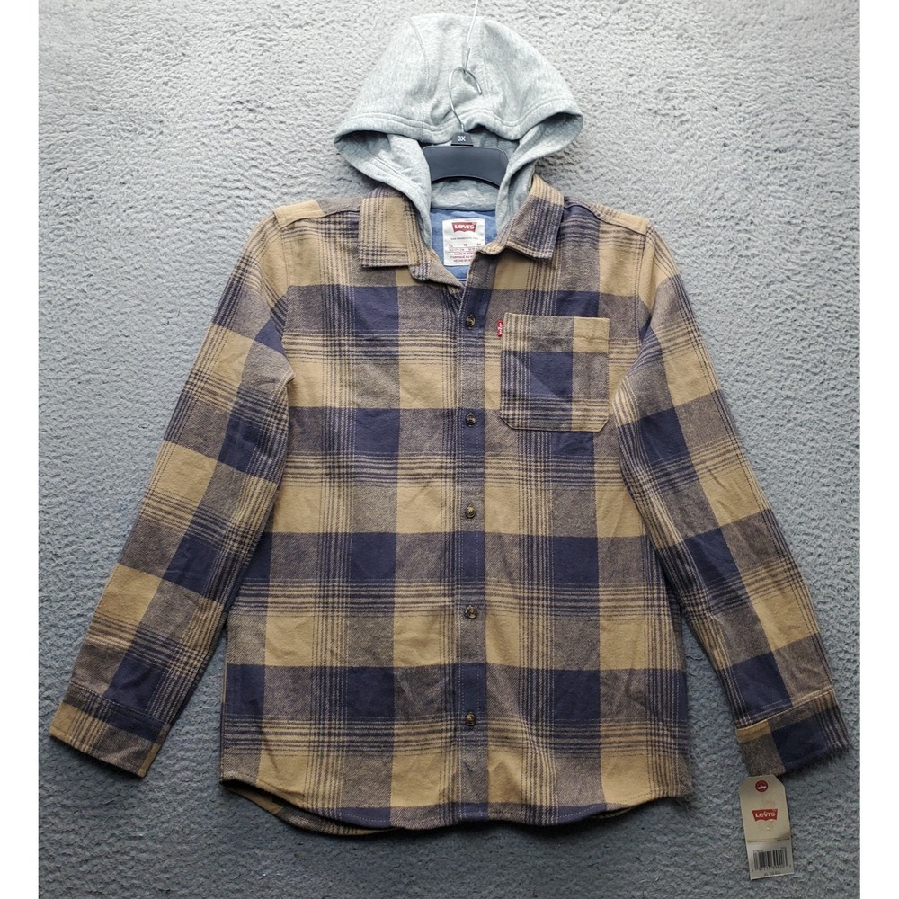 Levi's Flannel Shirt Jacket Boys XL Multi Plaid Hooded Long Sleeve Button Front